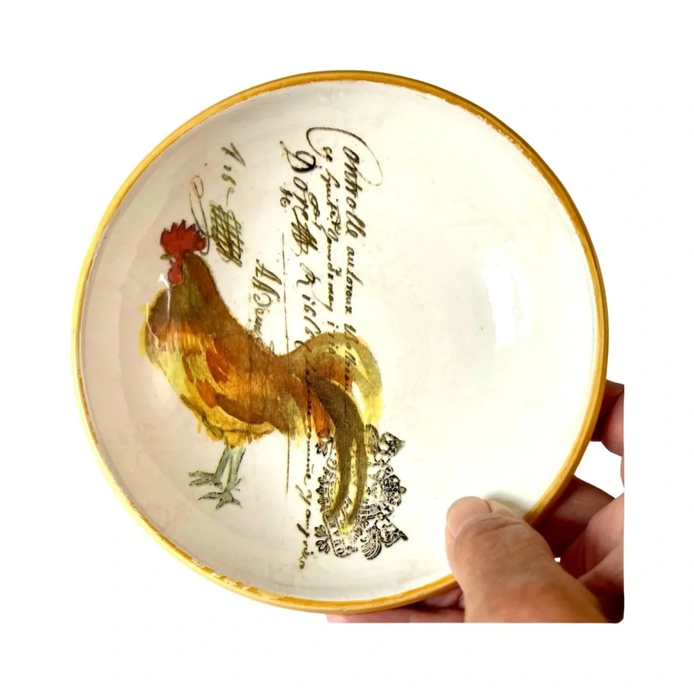 Williams Sonoma Pair Rooster Script 5.75” Rustic Dipping Bowls Dishes Italy 2005
